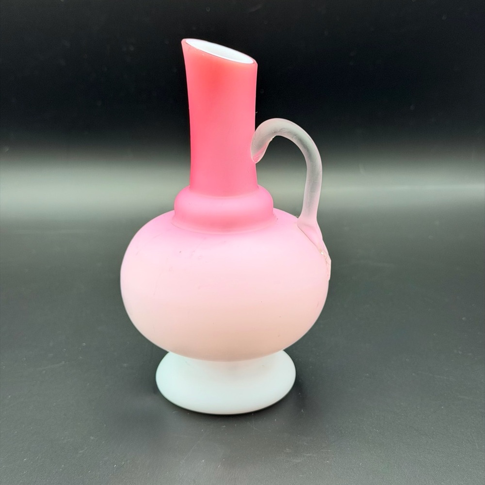 Antique Pink Peach Satin Cased Art Glass Small Pitcher Cruet Carafe 6.5”